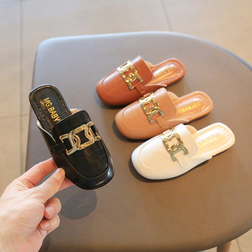 British style retro children's leather shoes, fashionable girls' slippers, Korean style slippers for middle and large children, Baotou slippers for outdoor children's shoes