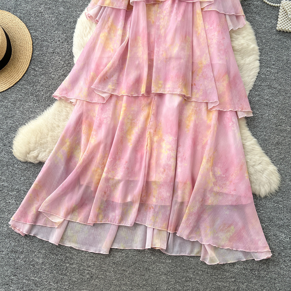Pink Ruffled Cake Dress French Style Resort Sleeveless Off-Shoulder A-Line Women's Unique And Absolutely Stunning Dress_ecoleips.com