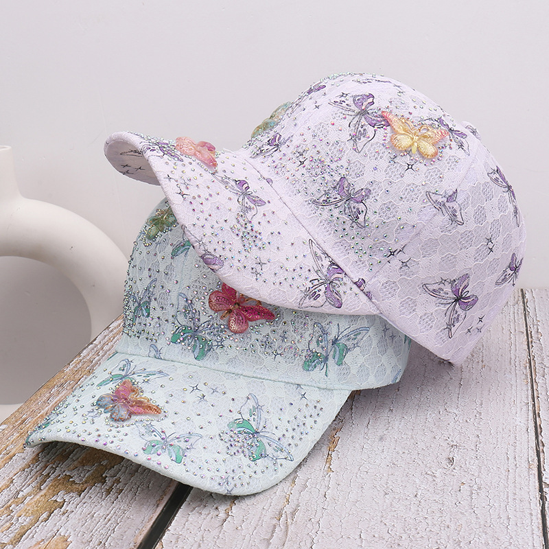 Fashion Women's Lace Mesh Baseball Cap With Rhinestone Butterfly_voghion.com
