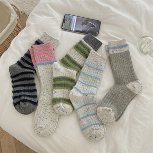 Mink Velvet Dot Yarn Rough Line Striped Socks for Children Thickened Warm Korean-Style Ins Contrast Dot Yarn Mid-Tube Stacked Socks