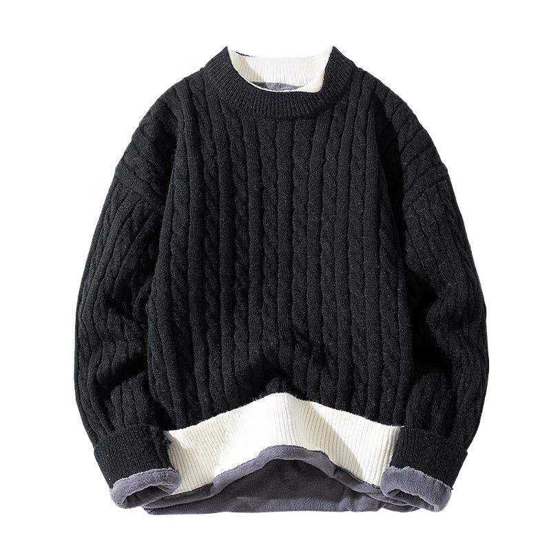 Al por mayor transfronterizo falso suéter de dos piezas para hombres más vello grueso calentamiento flor de lino grueso manga larga camiseta de punto ocio ancho