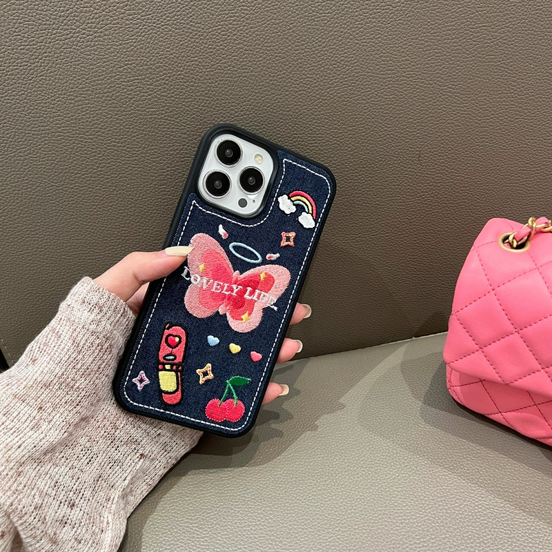 Кейс для телефона (Apple) совместим с iPhone 13–17, джинсовая вышивка с подвесной цепью