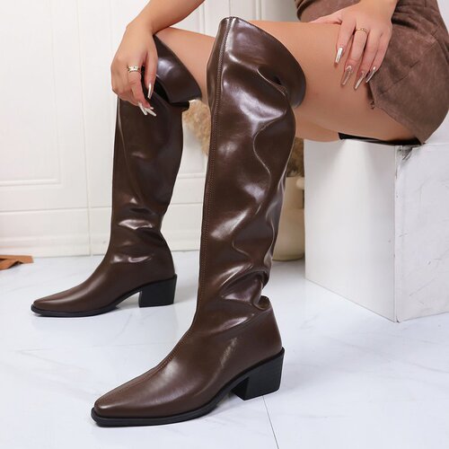 Thick heeled black knee-high piled long boots for women's shoes, new autumn and winter pointed thin knight boots