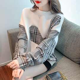 感小熊格子拼接卫衣女2025新款秋冬百搭炸街高颜值长袖上衣女