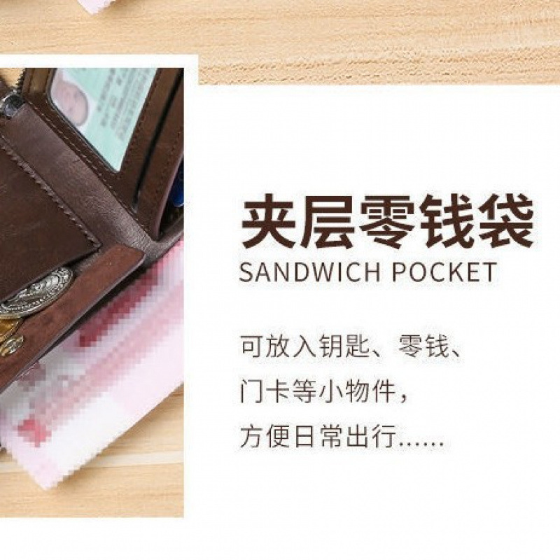 Cartera de cuero corta multifuncional con cremallera de cuero de vaca de gran capacidad anti-robo cartera de tarjeta deslizante para hombres