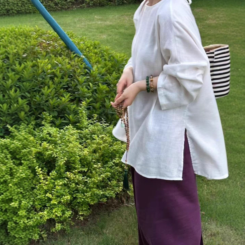 亚麻百搭露背长袖开叉上衣T恤女早2025秋季新款系带款式套头上衣|undefined