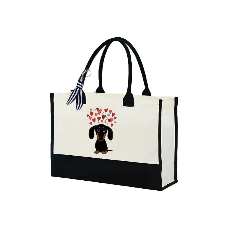 Bolso Tote estampado con estampado de patrón de cachorro de amor transfronterizo de color en contraste Bolso de hombro doble en blanco y negro de gran capacidad Texto de alta gama