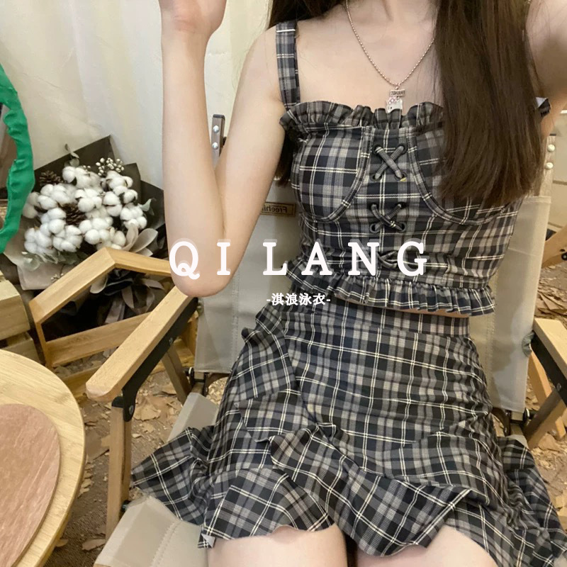 New Split Skirt Plaid Swimwear Women's Super Fairy and Western Style Ins Style Korean Style Meat Covering Anti-light Student Bubble Batch