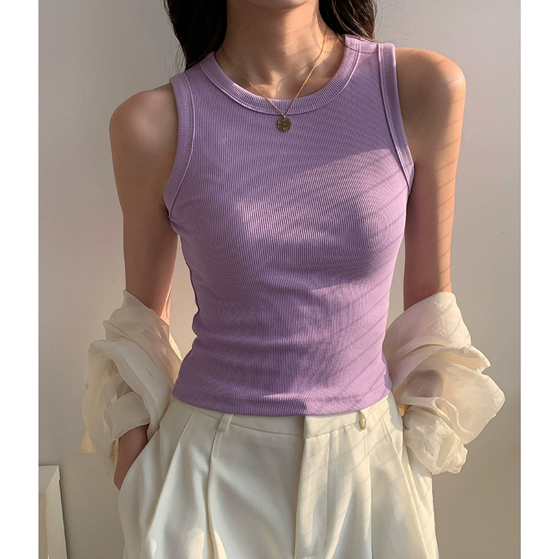 Женский летний топ-жилет без рукавов, облегающий, фиолетовый, с круглым вырезом и эластичной завязкой.