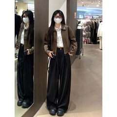 美式棕色皮衣外套女短款春秋新款小个子港风复古休闲机车服皮夹克