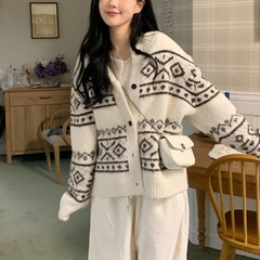 韩国东大门几何印花长袖针织开衫宽松大版2025秋冬季新款毛衣外套