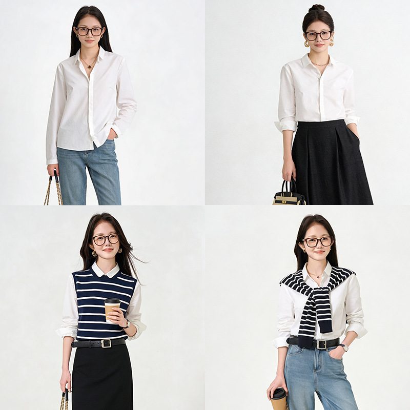 26 Early Spring【Big Brand. Quality】Long-Staple Cotton Luxury White Shirt for Women, High-End Base Layer Long-Sleeve Commuter Shirt