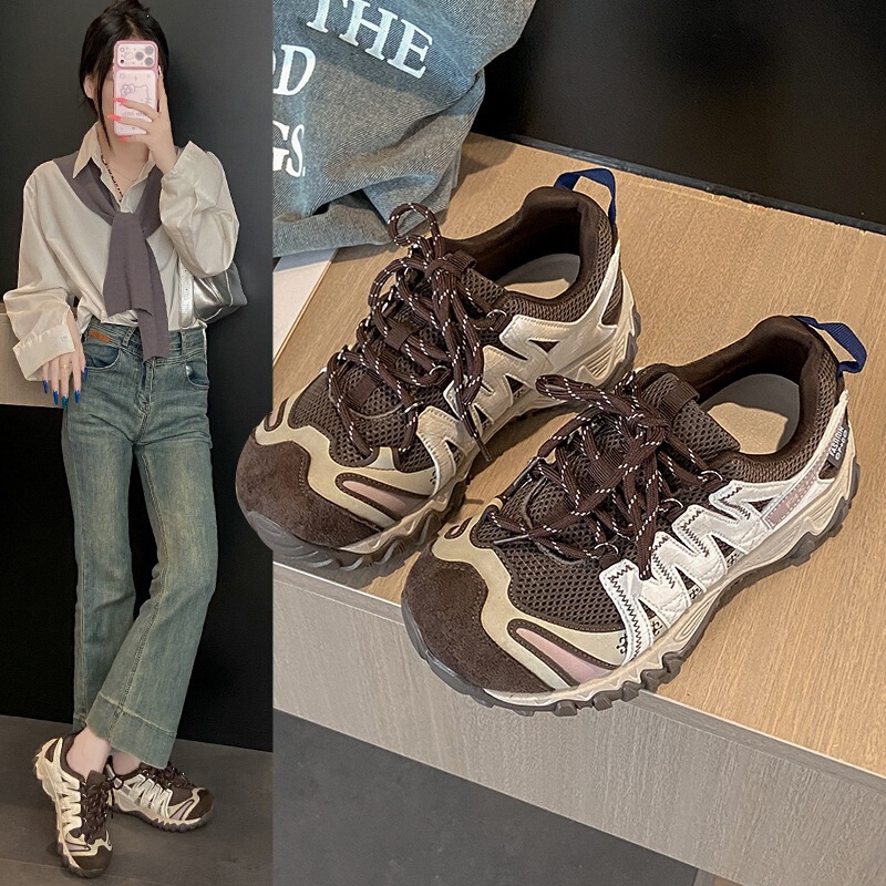 Autumn thick-soled color-block Korean-style outdoor 2026 running sneakers, dad shoes, women's design, fashionable new lace-up style Autumn thick-soled color-block Korean-style outdoor 2026 running sneakers, dad shoes, women's design, fashionable new lace-up style