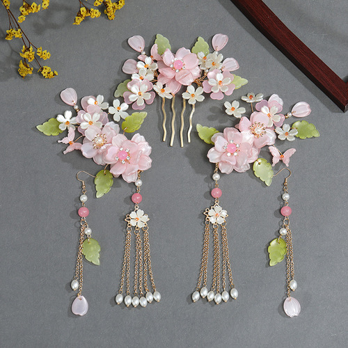 Ancient style Hanfu headdress fairy silk flower hairpin glazed set rose flower tassel hairpin hairpin flower comb set new