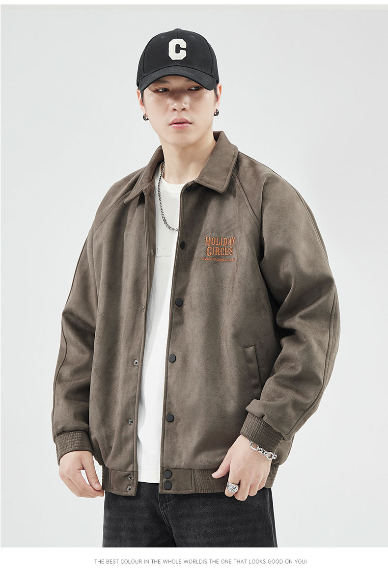 Veste de baseball à revers en fourrure de cerf vert gris pour hommes, ample, tendance automne et hiver, 380 g, américaine_voghion.com