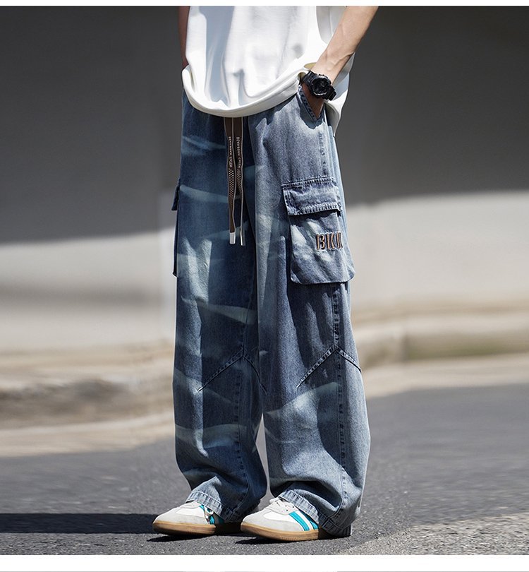 Men's Vintage Light Blue Jeans Retro High Street Hip Hop Design With Pockets Relaxed Straight Leg_mkmklike.com