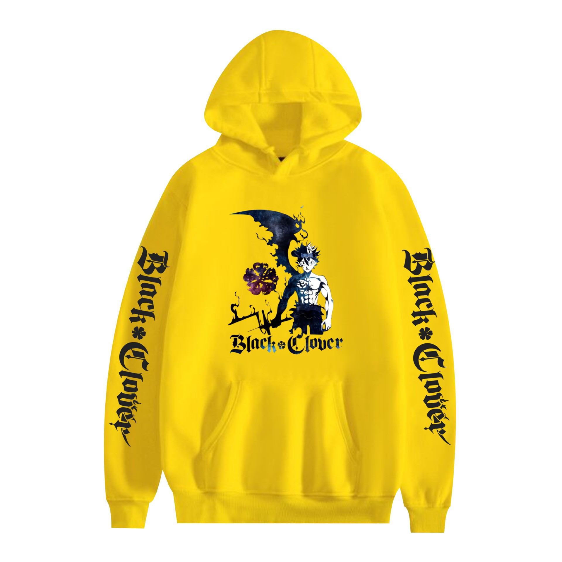 Suéter con capucha periférico de animación de trébol de cuatro hojas negro bidimensional marca de moda sudadera con capucha suelta casual más chaqueta de terciopelo nuevo