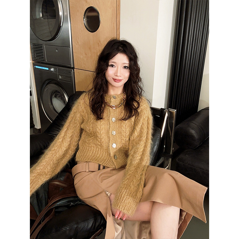 设计师女装 法式复古高纯度马海毛厚毛衣开衫