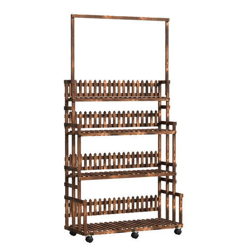 New Chinese style balcony carbonized flower rack with wheels removable outdoor multi-layer ladder flower rack storage rack plant climbing rack