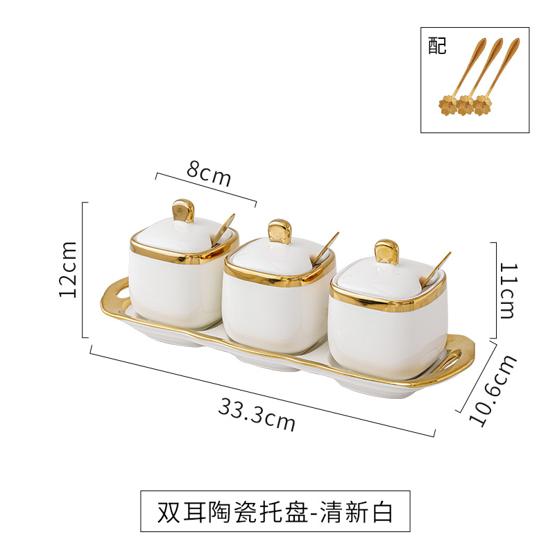 Luz de lujo borde plata tarro de condimento traje hogar botella de condimento de cerámica con tapa sal MSG Jar cocina combinación de almacenamiento