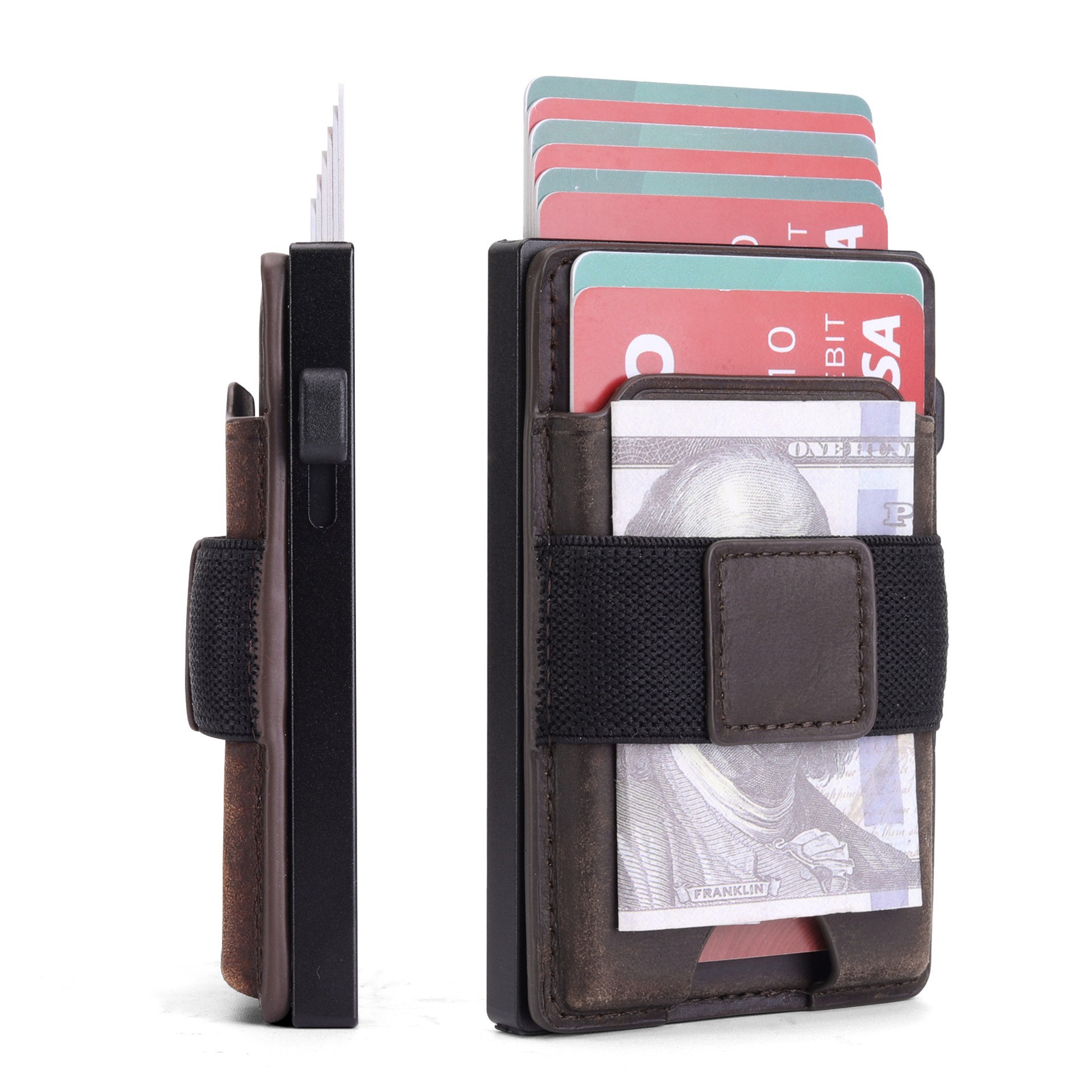 Paquete de tarjetas multifunción de moda ultrafino personalizado, caja de tarjetas de metal emergente automático, paquete de tarjetas de cuero magnético dos en uno para hombres