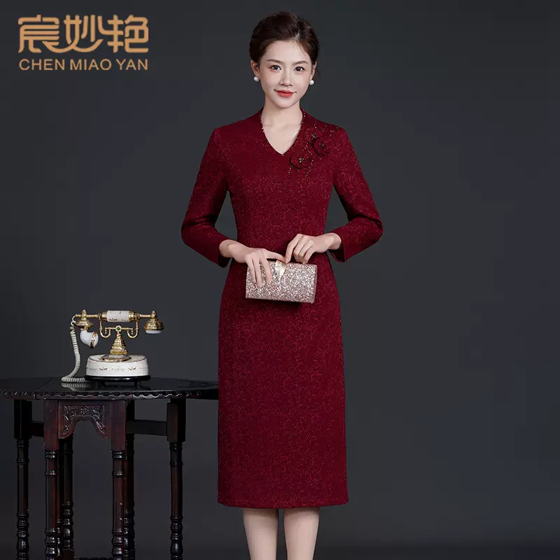 中老年女装2025春秋新款气质羊毛针织连衣裙妈妈装毛衣长裙女批发