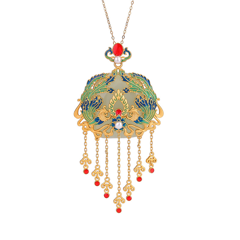 YUEBAO JEWELRY S925 STERLING 실버 골드 도금 HETIAN JADE 국가 패션 CLOISONNE PHOENIX NIRVANA RUYI TASSEL 펜던트 펜던트