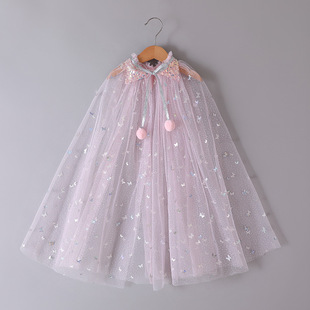 2022 thin cross-border girls' bow sequined mesh shawl Halloween girls' colorful cloak outerwear Cape