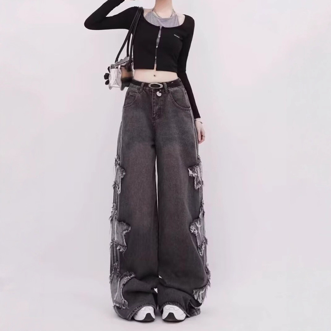 潮流跨境牛仔裤男女春季巴胺穿搭美式街头贴布绣星星条纹阔腿裤bf