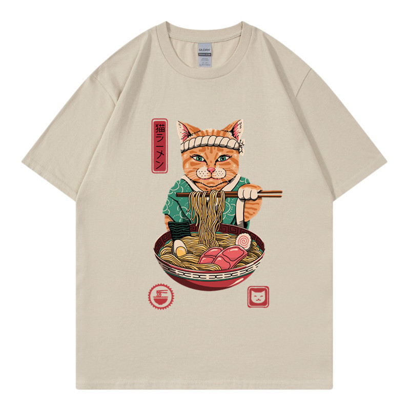 New Zhuoli station Kung Fu cat eating noodles printed t-shirt men's and women's Casual Short Sleeve round neck top_voghion.com