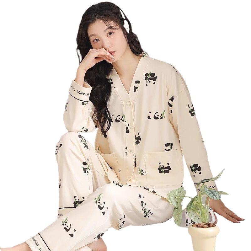 가을 겨울 면 7부 편안한 여성용 파자마 봄 가을 신상품 카디건 긴팔 바지 고급 한국식 홈웨어 아우터용