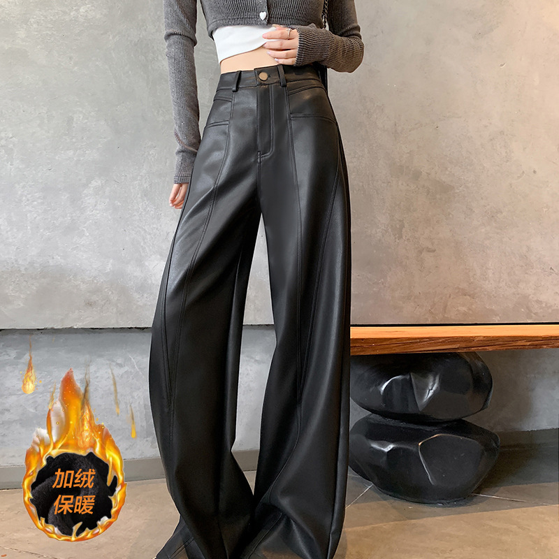 in stock leather pants women's 2024 autumn and winter new drop fleece-lined high waist casual pants soft leather PU leather fashion cool wide leg pants