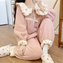 小个子公主风娃娃领珊瑚绒睡衣女冬季2025新款法兰绒家居服套装冬