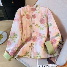 实拍2024秋季国风中式宽松大码女装印花立领对襟保暖棉衣夹棉外套