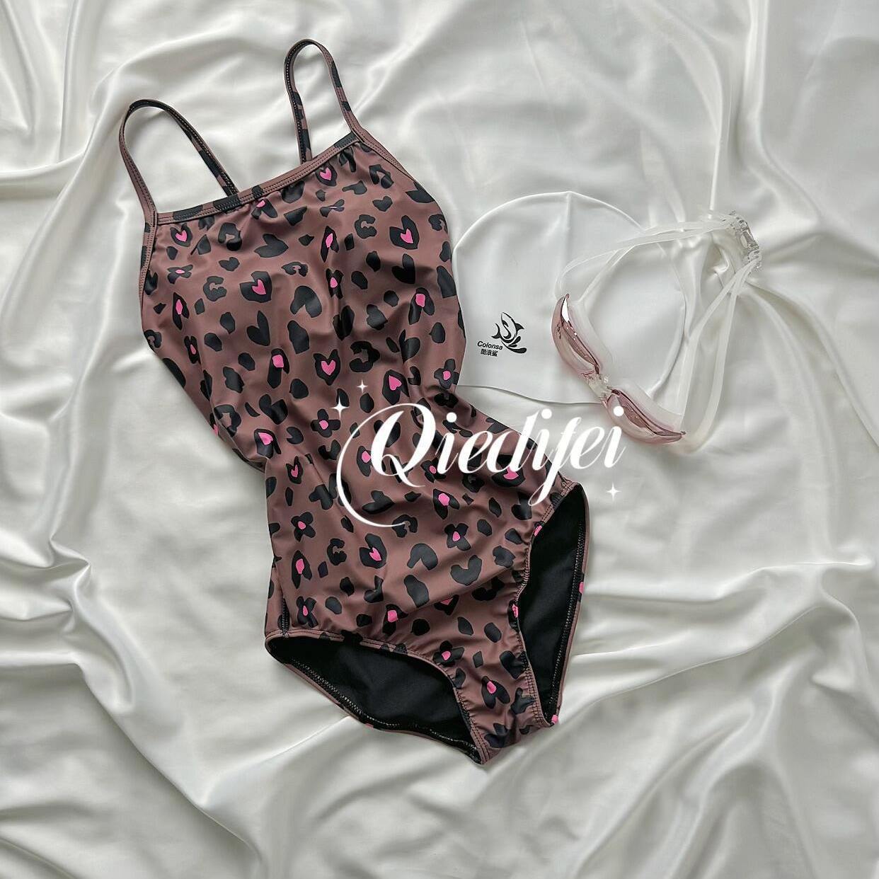 豹纹竞速中开叉双层可拆换胸垫竞速泳衣露背连体三角竞速泳衣女款