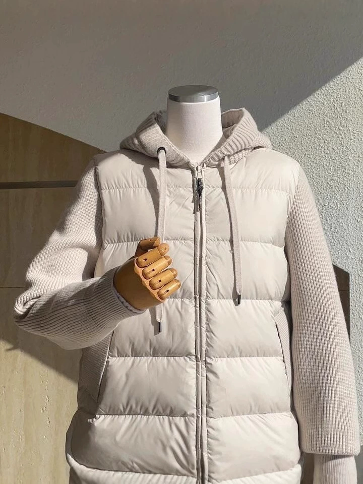 Winter knitted black down jacket with hood for leisure