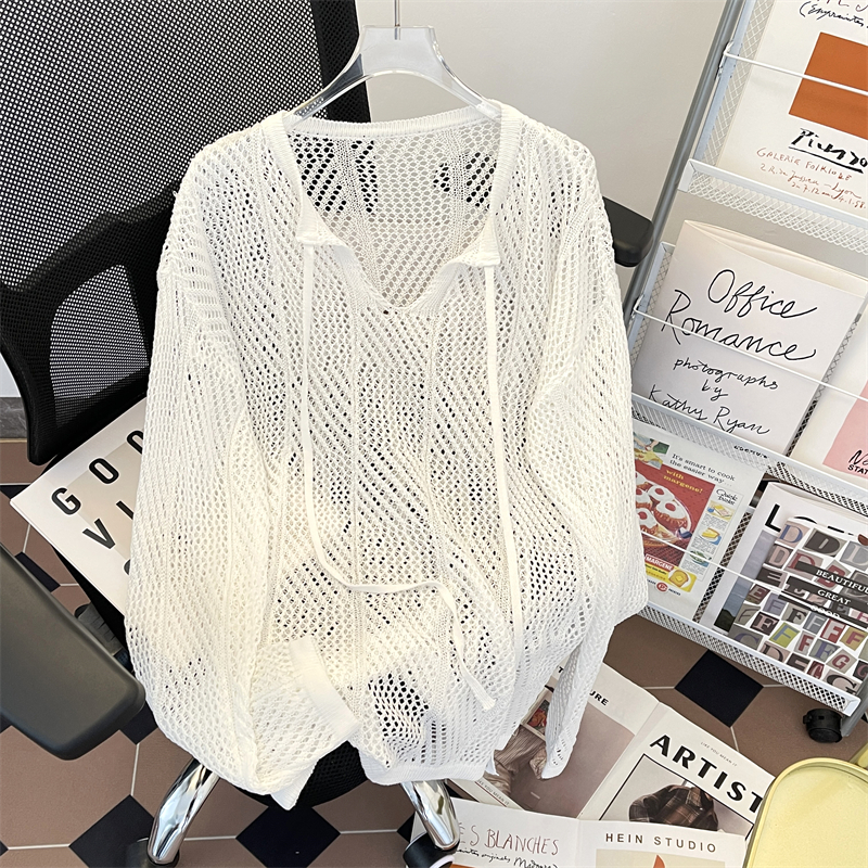 Early Autumn Thin Cut Out Knitwear Men's American Retro Lazy Style Loose Casual Couple Small V Neck Long-Sleeved Top