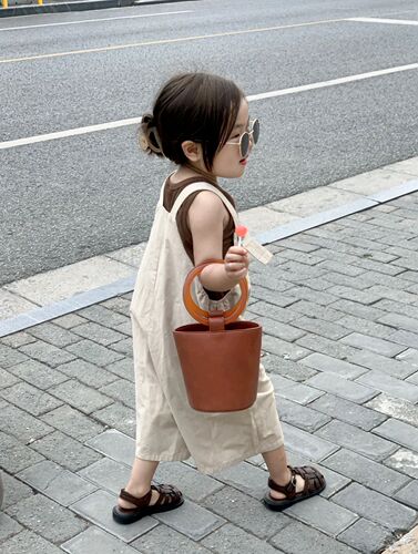  Summer Unisex Kids Korean Style Halter Loose Wide Leg Shorts Bodysuit with 7/8 Straps + Sleeveless Top, Separate Photos