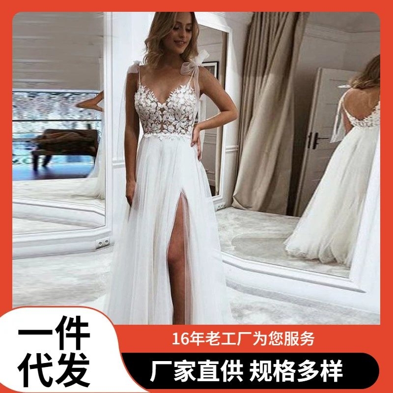 2025 внешнеторговое кросс-бордерное ретро свадебное платье элегантное свадебное платье с кружевной аппликацией без рукавов