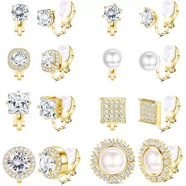 European and American Cross-Border Cubic Rhinestone Pearl Clip-On Earrings, 8 Pairs of Round and Square Earrings for Women, No Need for Ear Piercing, Ear Accessories