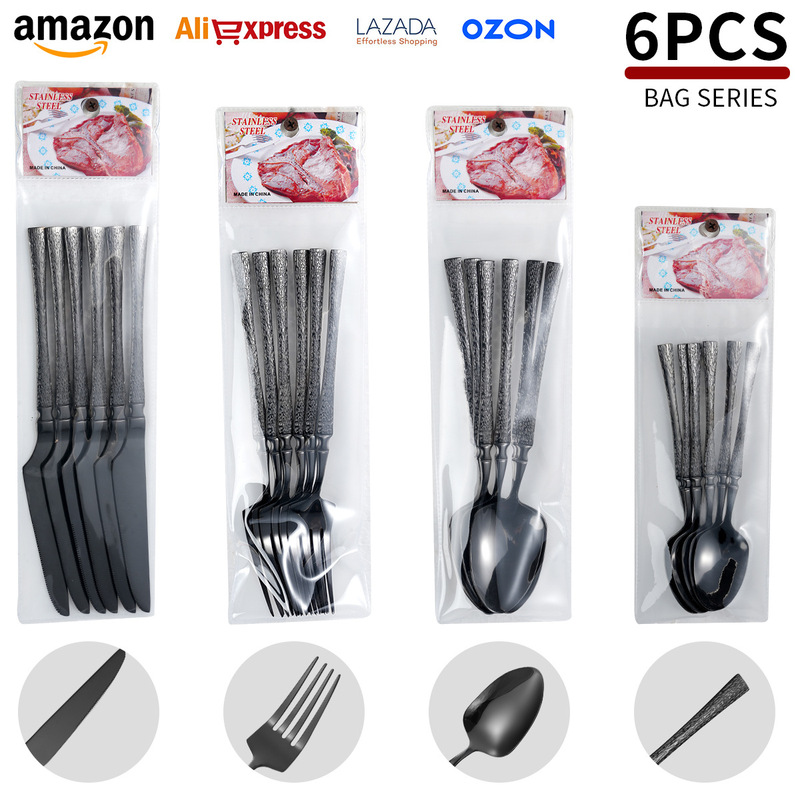 Cross-Border Best-Selling Series 6-Piece Hammered Texture Slim Waist Stainless Steel Knife, Fork, and Spoon Set in Pvc Bag for Middle Eastern Supermarkets Cross-Border Best-Selling Series 6-Piece Hammered Texture Slim Waist Stainless Steel Knife, Fork, and Spoon Set in Pvc Bag for Middle Eastern Supermarkets