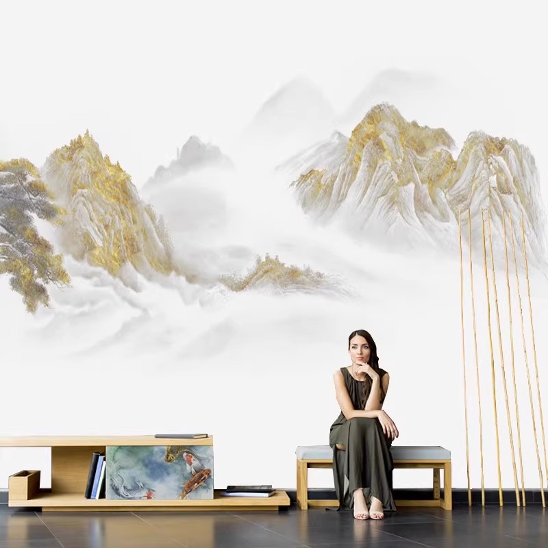 3d新中式影视墙壁纸水墨山水墙布墙纸壁画客厅沙发电视背景墙壁布