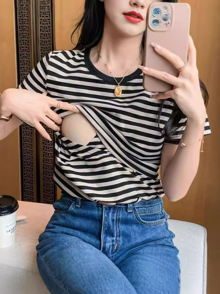 Pure Cotton Sweat-Absorbent Nursing T-Shirt Stripesd Summer Postpartum Hot Mom Confinement Period Soft and Comfortable Nursing Clothing Top Breathable