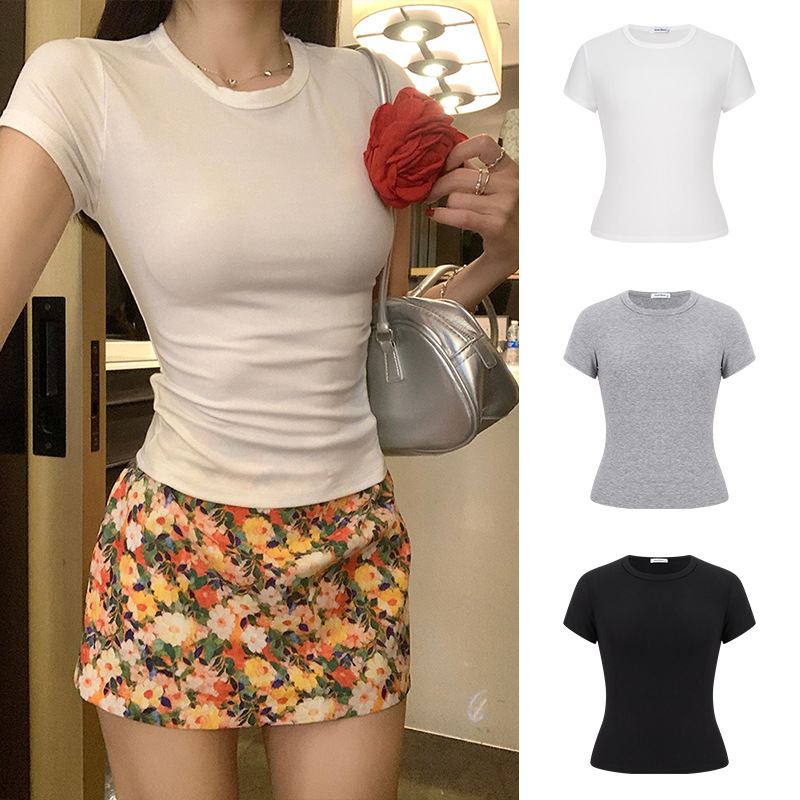 White Round-Neck Short-Sleeve T-Shirt for Women, Summer Slim-Fit Casual Tight-Fitting Sports Top