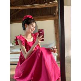 复古法式方领木耳边小飞袖连衣裙女夏宽松显瘦高级质感玫红色长裙