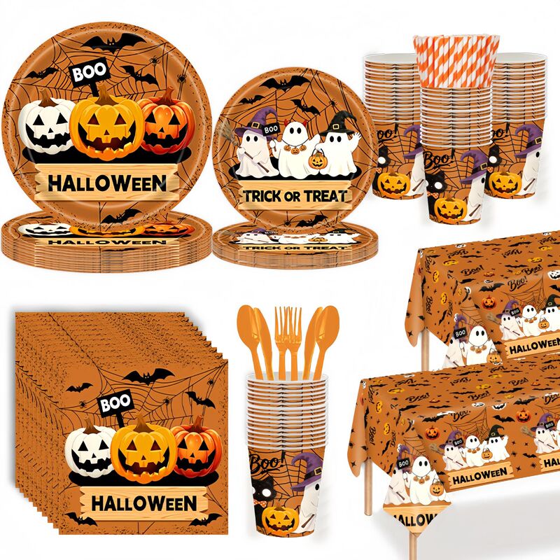 New orange and black Halloween-themed cute ghost and pumpkin pattern disposable tablecloth party dinnerware paper plates and utensils New orange and black Halloween-themed cute ghost and pumpkin pattern disposable tablecloth party dinnerware paper plates and utensils