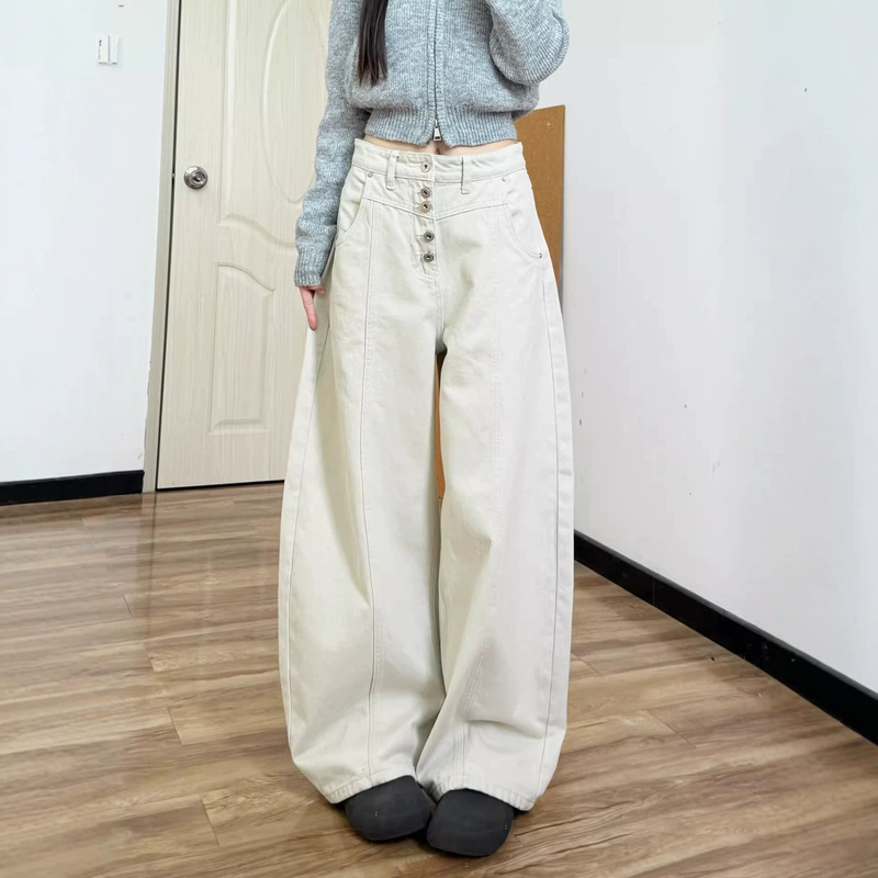 Grayish-white petite women's wide-leg jeans, high-waisted, loose-fitting, suitable for pear-shaped body types, straight-leg denim pants for plus-size women