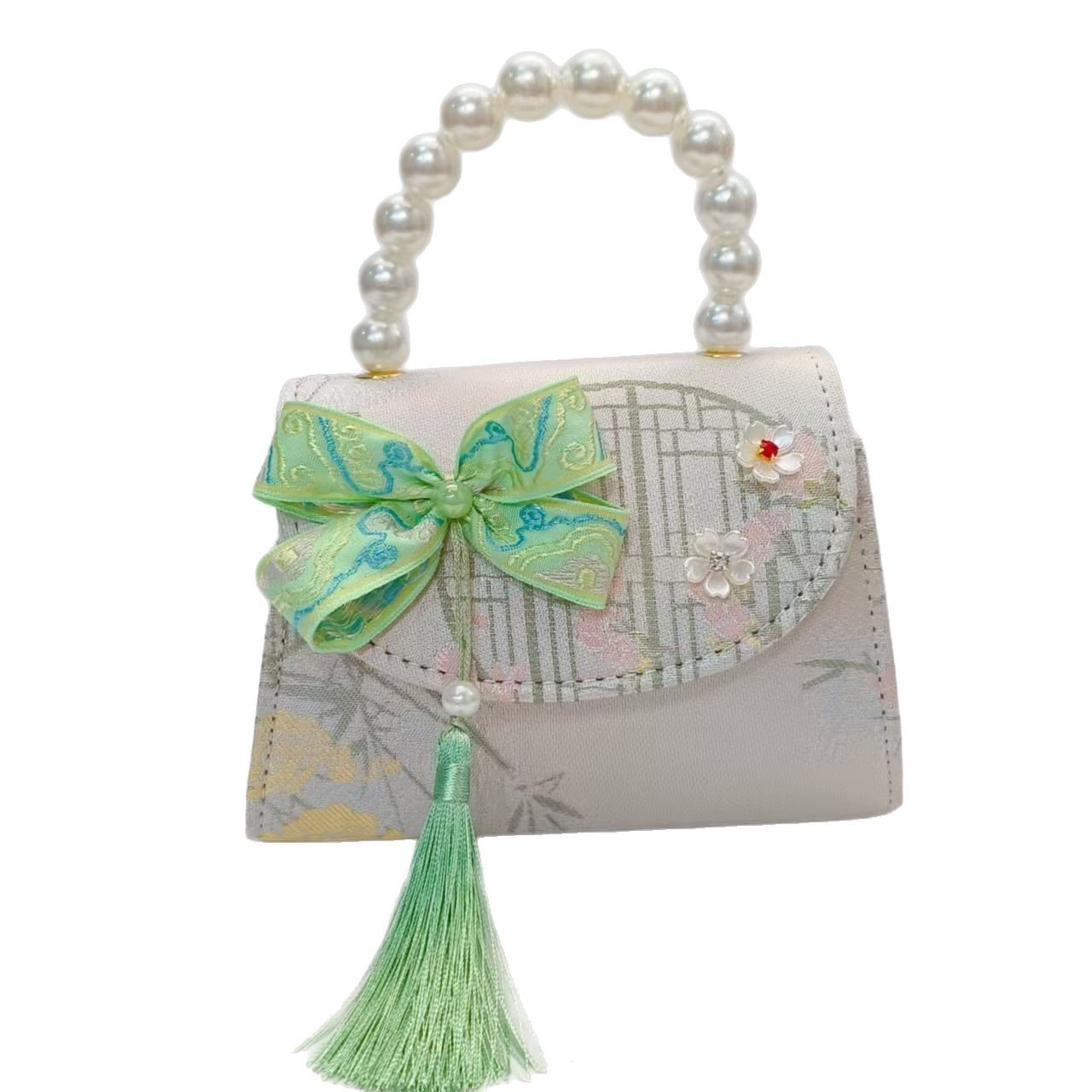 Bolsas de niños arco de estilo chino borda de niña pequeña princesa perla bolsa de cambio de mano al por mayor