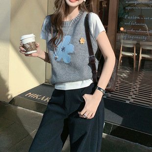 AMEIYANG small blue flower knitted vest thick needle sheep wool * handmade three-dimensional crochet round neck short S