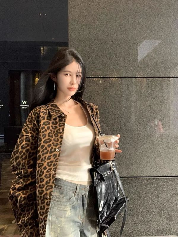 复古豹纹翻领长袖外套女秋季美式辣妹设计感小众宽松衬衫开衫上衣|undefined